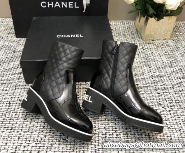 Low Price Chanel Quilted Lambskin and Patent Calfskin Heel Ankle Boots 6cm Black 016115