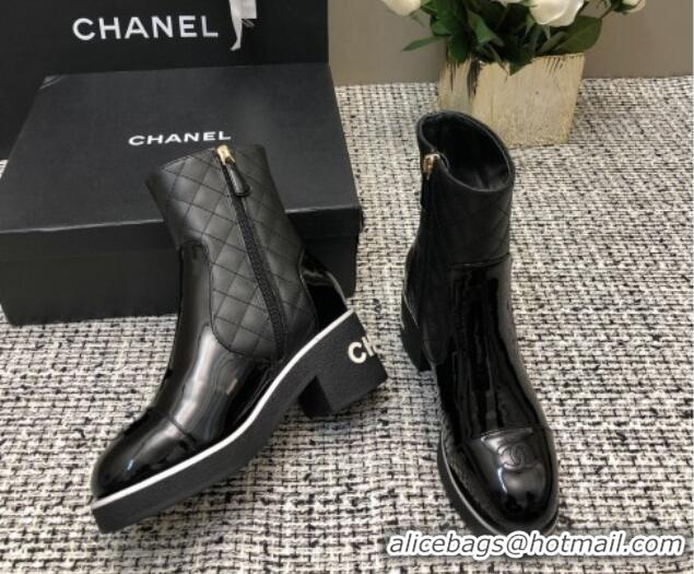 Low Price Chanel Quilted Lambskin and Patent Calfskin Heel Ankle Boots 6cm Black 016115