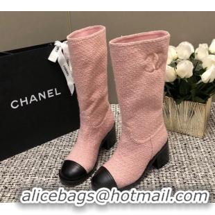 Top Grade Chanel Tweed Medium Boots 6cm Light Pink 016116