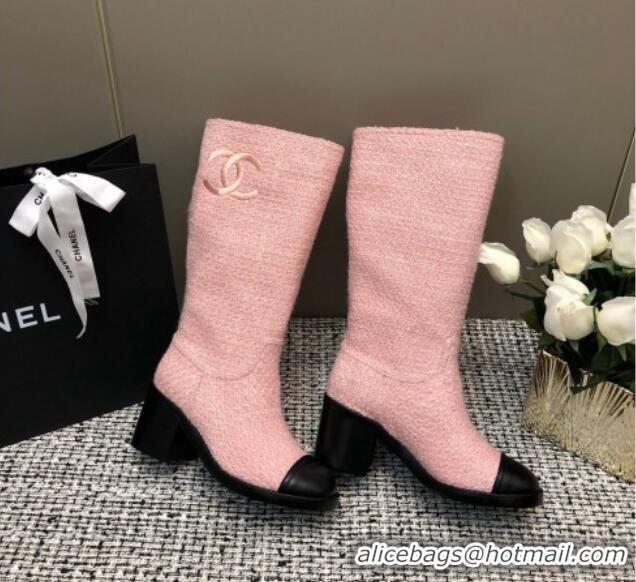 Top Grade Chanel Tweed Medium Boots 6cm Light Pink 016116