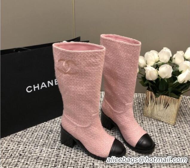 Top Grade Chanel Tweed Medium Boots 6cm Light Pink 016116