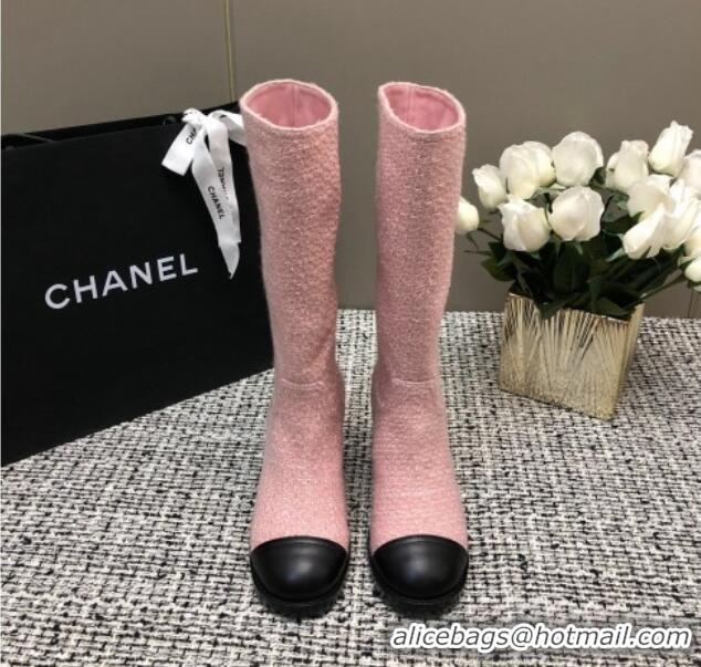 Top Grade Chanel Tweed Medium Boots 6cm Light Pink 016116