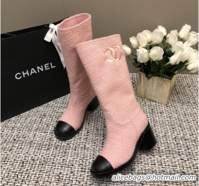 Top Grade Chanel Tweed Medium Boots 6cm Light Pink 016116