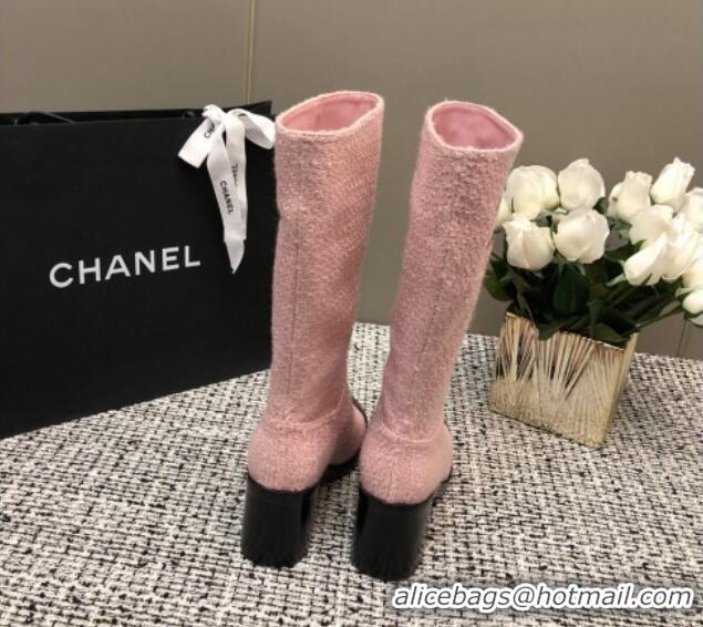 Top Grade Chanel Tweed Medium Boots 6cm Light Pink 016116