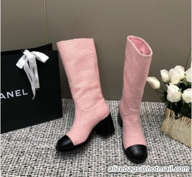 Top Grade Chanel Tweed Medium Boots 6cm Light Pink 016116