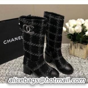 Low Price Chanel Tweed Medium Boots 6cm Black/Light Grey 016120