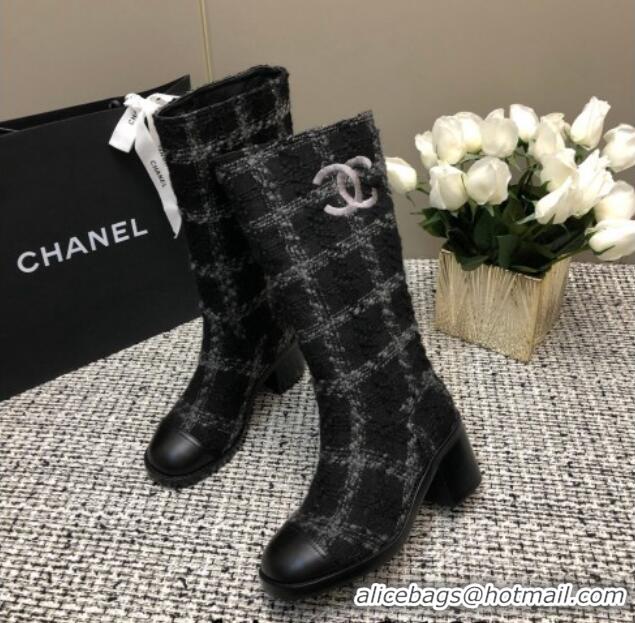 Low Price Chanel Tweed Medium Boots 6cm Black/Light Grey 016120