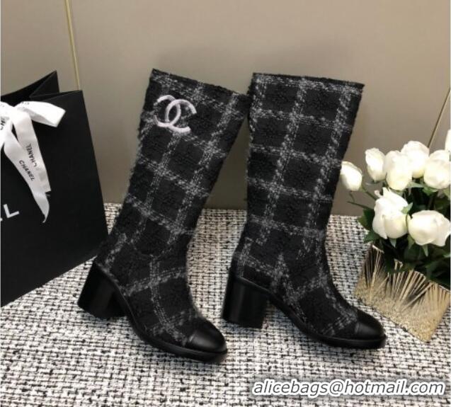 Low Price Chanel Tweed Medium Boots 6cm Black/Light Grey 016120