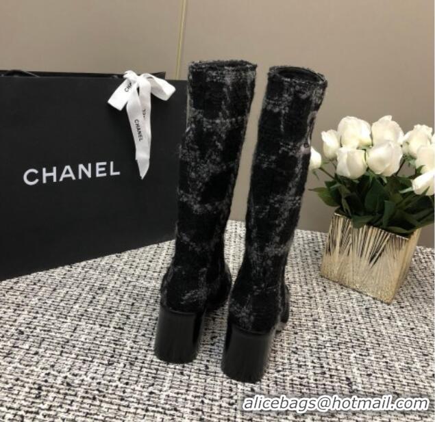 Low Price Chanel Tweed Medium Boots 6cm Black/Light Grey 016120