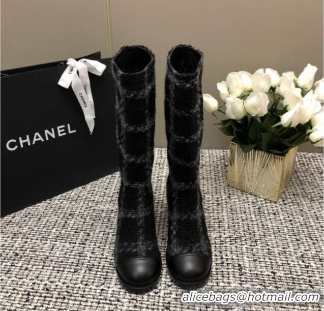 Low Price Chanel Tweed Medium Boots 6cm Black/Light Grey 016120