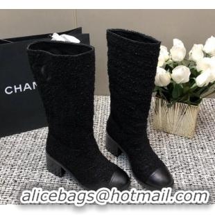 Best Price Chanel Tweed Medium Boots 6cm All Black 016121