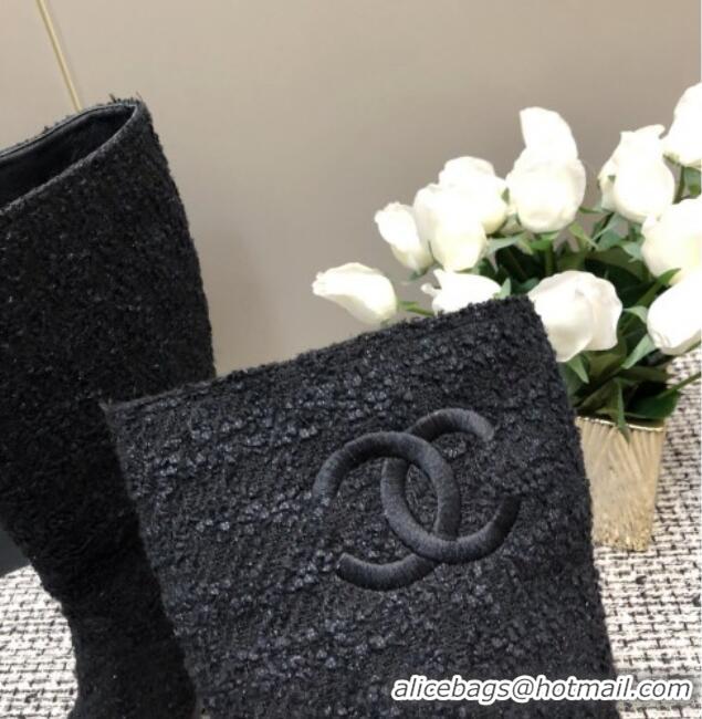 Best Price Chanel Tweed Medium Boots 6cm All Black 016121