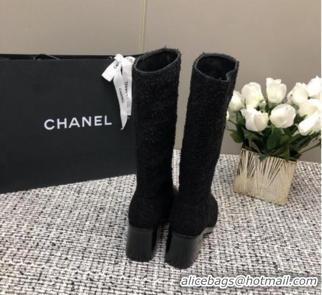 Best Price Chanel Tweed Medium Boots 6cm All Black 016121