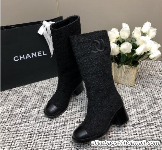 Best Price Chanel Tweed Medium Boots 6cm All Black 016121