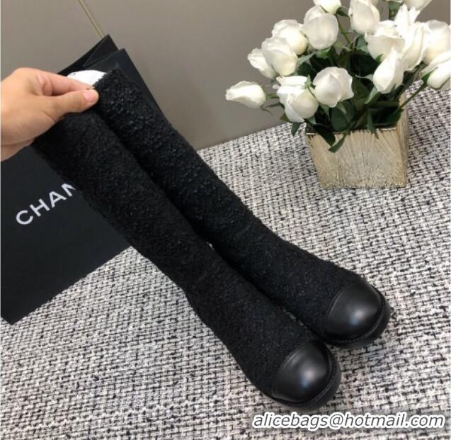 Best Price Chanel Tweed Medium Boots 6cm All Black 016121