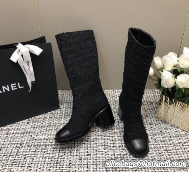 Best Price Chanel Tweed Medium Boots 6cm All Black 016121