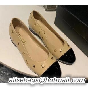 New Style Chanel Calfskin Ballet Flat with Logo Charm Beige 025065