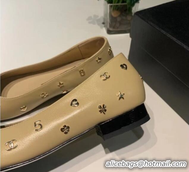 New Style Chanel Calfskin Ballet Flat with Logo Charm Beige 025065