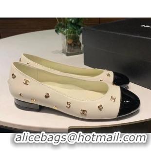 Charming Chanel Calfskin Ballet Flat with Logo Charm White 025066