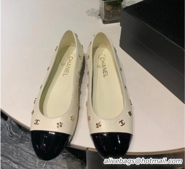 Charming Chanel Calfskin Ballet Flat with Logo Charm White 025066