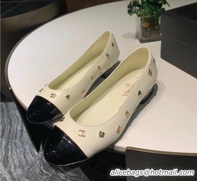 Charming Chanel Calfskin Ballet Flat with Logo Charm White 025066