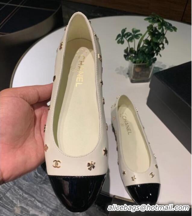 Charming Chanel Calfskin Ballet Flat with Logo Charm White 025066