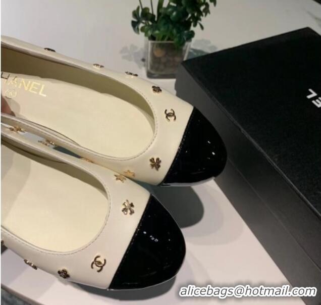 Charming Chanel Calfskin Ballet Flat with Logo Charm White 025066