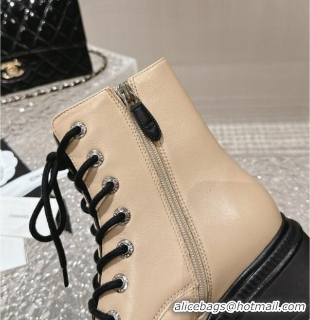 Feminine Chanel Calfskin Lace-up Ankle Boot Beige 025067