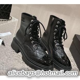 Good Taste Chanel Calfskin Lace-up Ankle Boots Black 025068