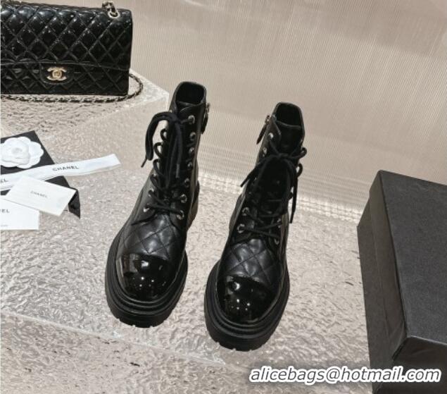 Good Taste Chanel Calfskin Lace-up Ankle Boots Black 025068