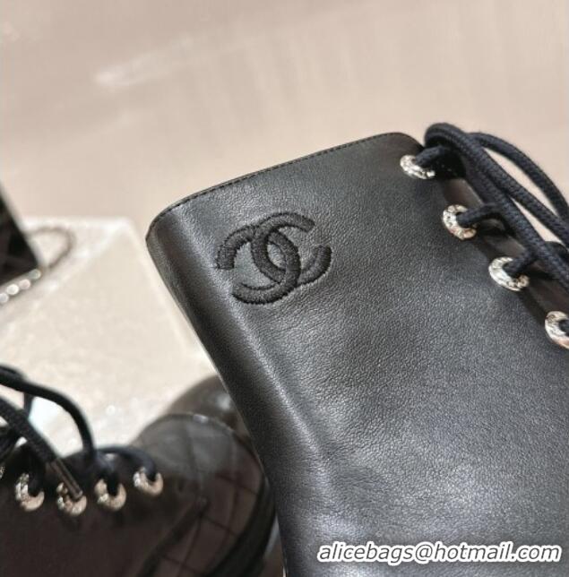 Good Taste Chanel Calfskin Lace-up Ankle Boots Black 025068