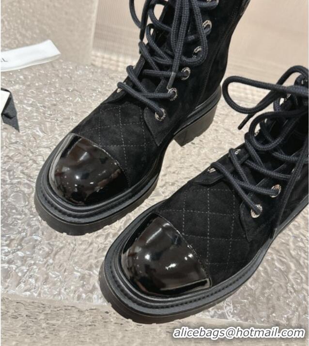 Top Quality Chanel Suede Lace-up Ankle Boot Black 025069