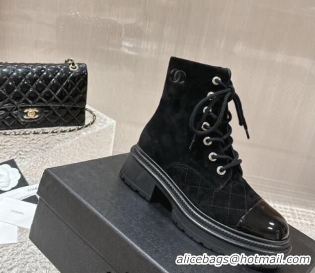 Top Quality Chanel Suede Lace-up Ankle Boot Black 025069