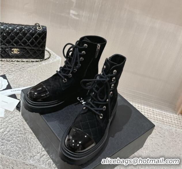 Top Quality Chanel Suede Lace-up Ankle Boot Black 025069