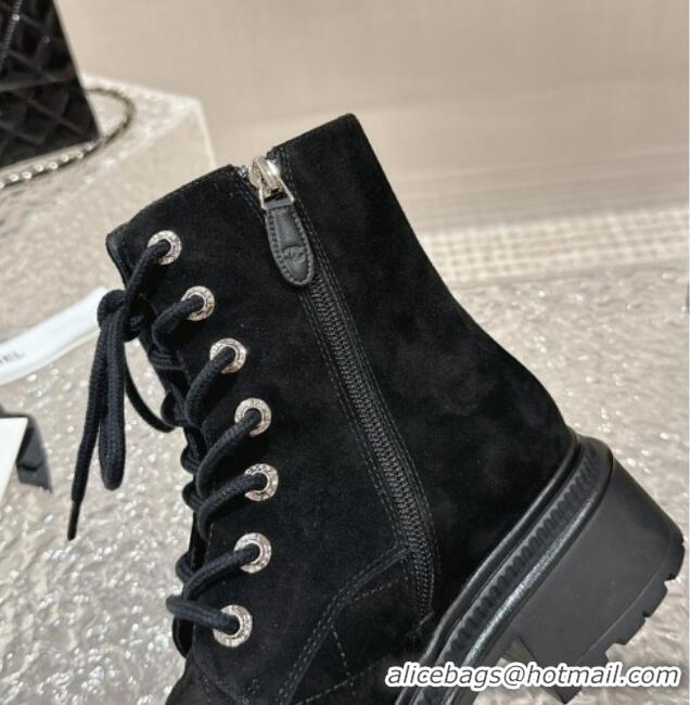 Top Quality Chanel Suede Lace-up Ankle Boot Black 025069