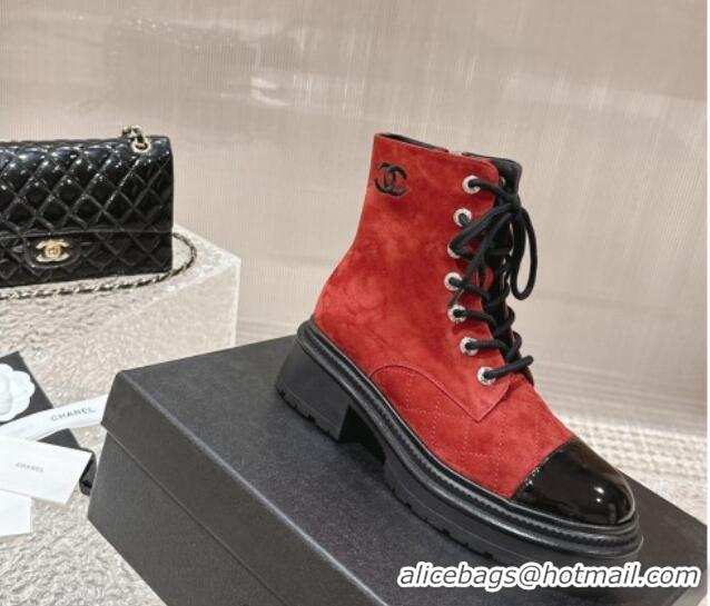 Good Product Chanel Calfskin Lace-up Ankle Boot Red 025070