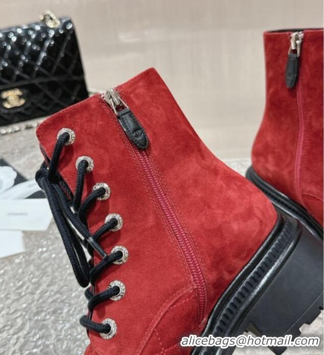 Good Product Chanel Calfskin Lace-up Ankle Boot Red 025070