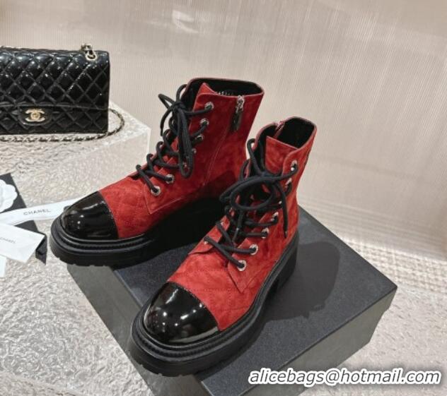 Good Product Chanel Calfskin Lace-up Ankle Boot Red 025070