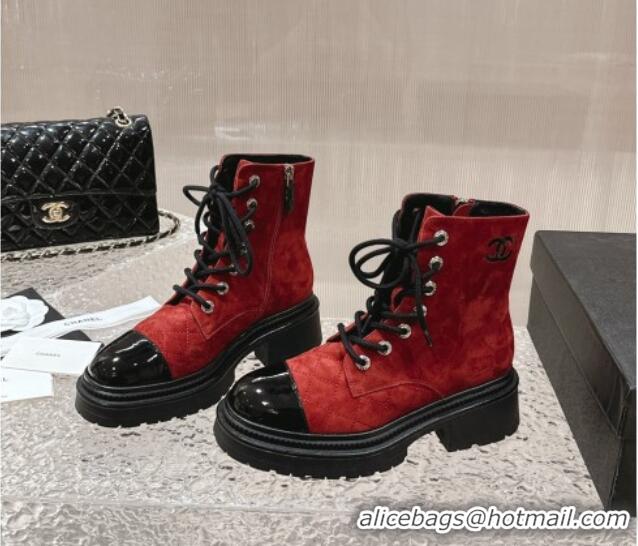 Good Product Chanel Calfskin Lace-up Ankle Boot Red 025070