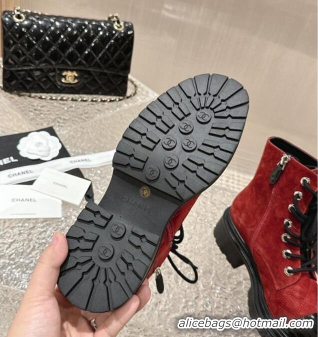 Good Product Chanel Calfskin Lace-up Ankle Boot Red 025070