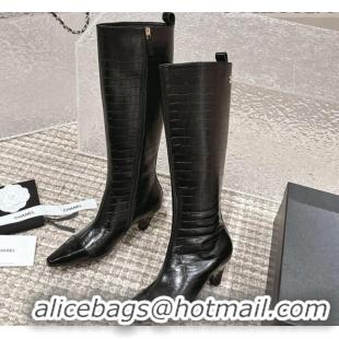 Duplicate Chanel Embossed Calfskin High Boots Black 1025078