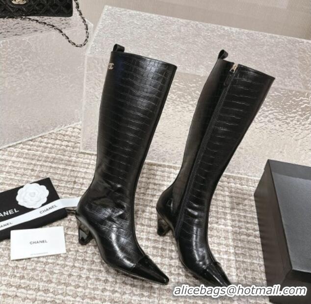 Duplicate Chanel Embossed Calfskin High Boots Black 1025078