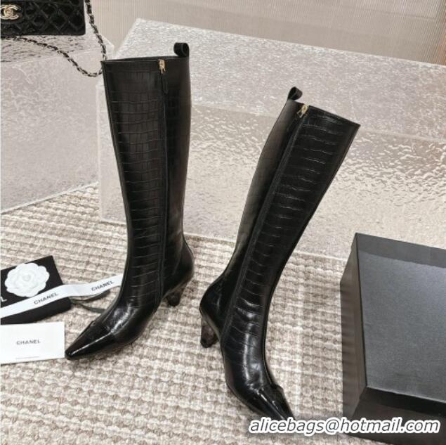 Duplicate Chanel Embossed Calfskin High Boots Black 1025078