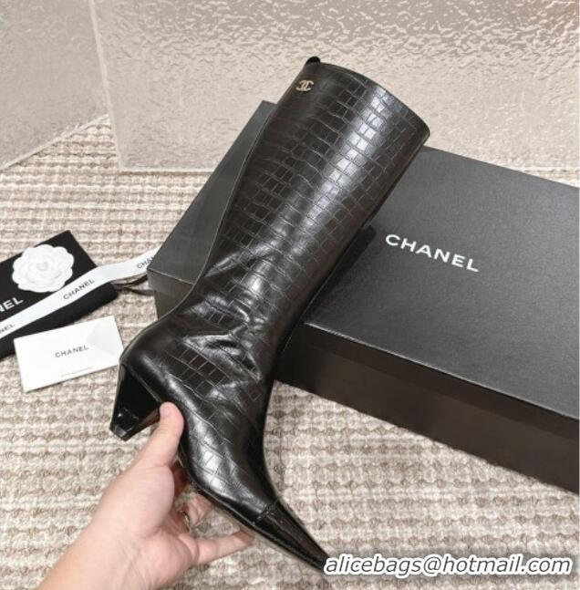 Duplicate Chanel Embossed Calfskin High Boots Black 1025078