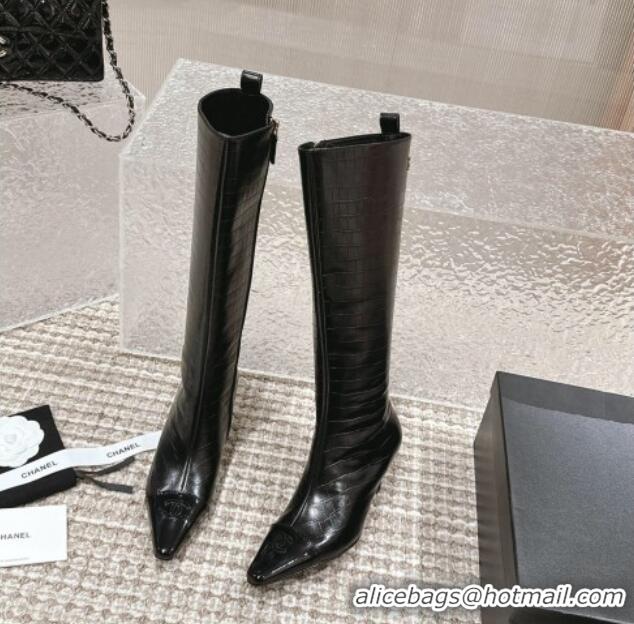 Duplicate Chanel Embossed Calfskin High Boots Black 1025078