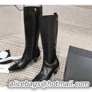 New Design Chanel Calfskin Leather High Boots Black 025079