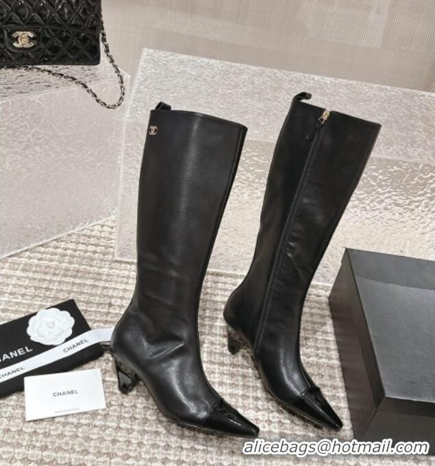 New Design Chanel Calfskin Leather High Boots Black 025079