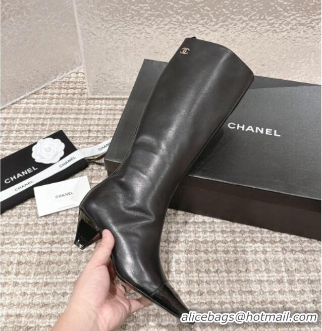 New Design Chanel Calfskin Leather High Boots Black 025079