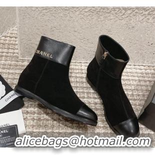 Grade Chanel Calfskin and Suede Ankle Boots Black 025081