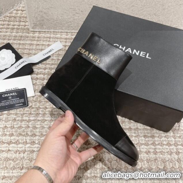 Grade Chanel Calfskin and Suede Ankle Boots Black 025081